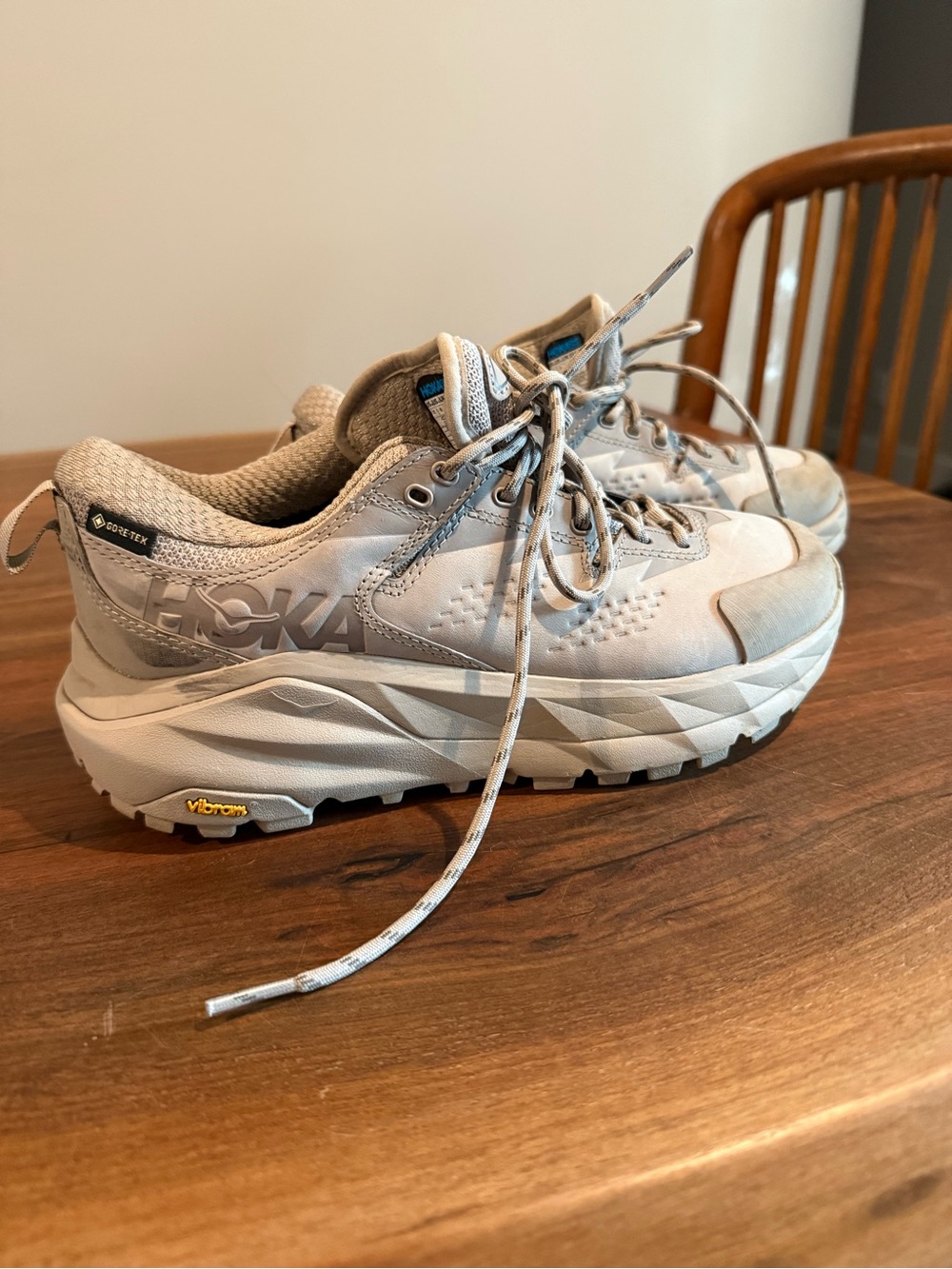 Hoka Trail Running Shoes in Beige and Light Gray